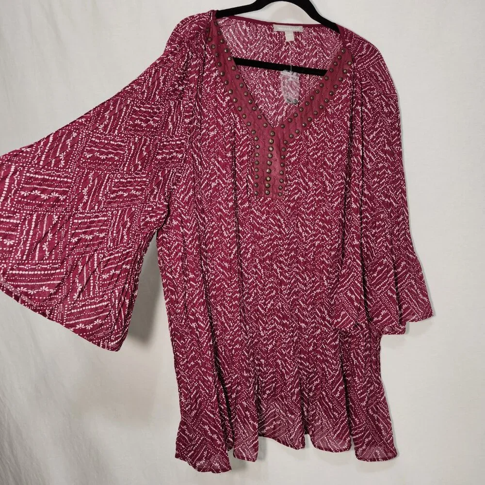 WOMAN WITHIN Flowy Crinkle Pink/White Studs Bell Sleeve Tunic Blouse Top Size 2X - Picture 3 of 16
